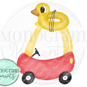 May include: A red toy car with a yellow duck wearing a yellow inner tube on top. The car has black wheels and a yellow steering wheel. The words "Monogram Moments" are printed on the car.