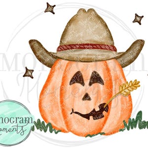 May include: An orange pumpkin wearing a brown cowboy hat, with a wheat stalk in its mouth. The pumpkin has a carved face and is surrounded by brown star shapes and green grass. The image has the text "Monogram Moments" and the year 2024.