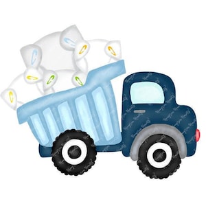 May include: A blue toy dumper truck with a white bed is filled with white cloth nappies. The truck has black wheels and a red detail at the back.