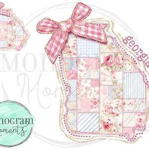 May include: A pink and white patchwork design of the state of Georgia with a pink bow and gold glitter accents. The word "Georgia" is written in pink script.