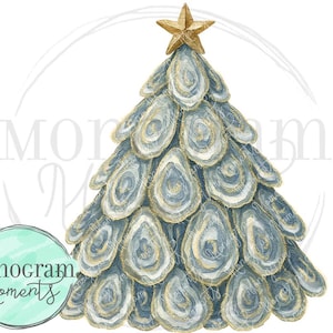 May include: Watercolor illustration of a Christmas tree with oyster shell-shaped ornaments in shades of blue, gray, and gold. A gold star tops the tree. The image includes the text "Monogram Moments" and the year "2025".