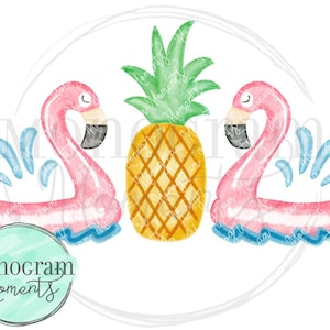 May include: Two pink flamingo pool floats with blue water splashes, and a yellow pineapple in the center.