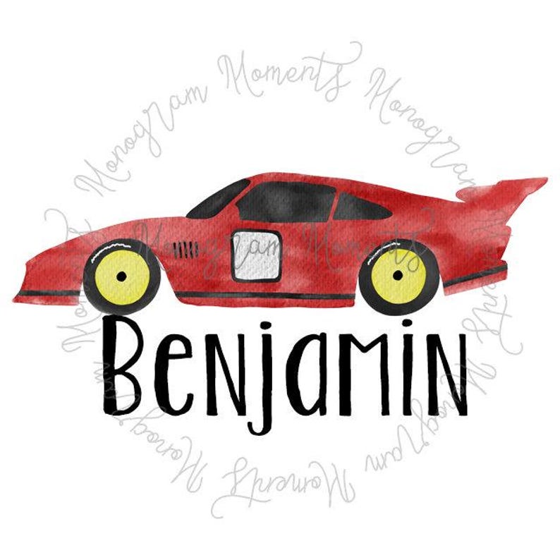 May include: Red watercolour race car with black wheels and yellow rims. The name Benjamin is written in black below the car.