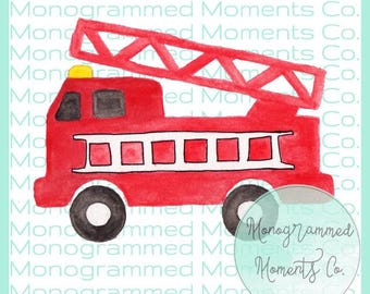 Red Firetruck Watercolor Clipart - Fireman - PNG - Digital Download - Printable Artwork Design