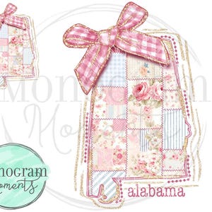 May include: A pink and white patchwork design of the state of Alabama with a large pink and white gingham bow on top. The design is outlined in gold glitter and the word "alabama" is written in pink at the bottom.