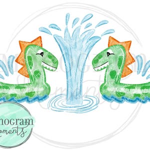 May include: Two green and orange cartoon dinosaurs with blue eyes are floating in a blue pool of water with a blue water fountain in the center. The dinosaurs are wearing orange and white swimsuits.