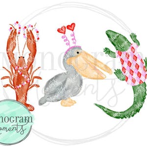 Aquarell Valentine Cajun Trio PNG - Louisiana Valentine, Bayou Valentine Sublimationsdesigns, Gator, Krokodil, Pelikan, Langusten PNG