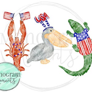 Acquerello Patriotic Cajun Trio PNG - Louisiana 4 luglio, USA Bayou Sublimation Designs, Alligatore, Coccodrillo, Pellicano, Gambero PNG