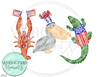 Watercolor Patriotic Cajun Trio PNG -  Louisiana 4th of July, USA Bayou Sublimation Designs, Gator, Crocodile, Pelican, Crawfish PNG