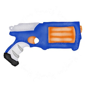 May include: A blue and orange toy gun with a white grip. The gun has a barrel with three orange darts.