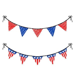 May include: Two strings of decorative pennant flags in red, white, and blue. The top string has alternating red and white striped flags and blue flags with white stars. The bottom string has flags with red and white stripes and blue flags with white stars.