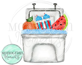 May include: A white cooler with a red watermelon slice, a peach, and two blue and red striped cups. The cooler has a handle on the top and a lid.
