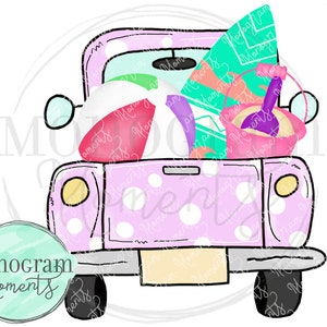 Watercolor Summer PNG -  Girl's Pink Vintage Truck Beach Trip Clipart for Digital Download, Sublimation, and Printables