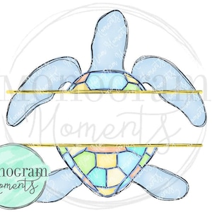 May include: A split monogram design featuring a blue and yellow watercolor sea turtle with a gold divider line. The text "Monogram Moments" is in the lower left corner.