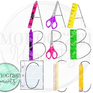 Digital Alpha - Schulbedarf Alphabet Clipart für digitalen Download, Sublimation und Drucksachen
