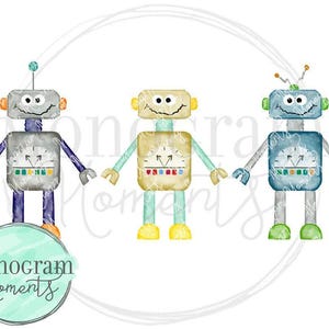 Watercolor Robot Trio PNG -  Boy&#39;s Robot Trio Clipart for Digital Download, Sublimation, and Printables