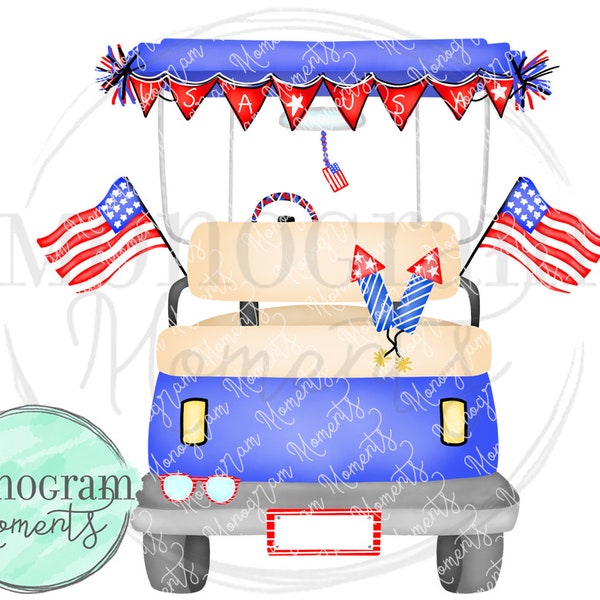Watercolor 4th of July PNG -  Boy's Patriotic Golf Cart Clipart for Digital Download, Sublimation, and Printables