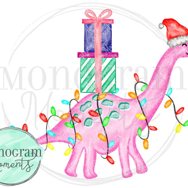 Watercolor Christmas PNG -  Girl's Christmas Dinosaur Present Trio Clipart for Digital Download, Sublimation, and Printables, Pink Dinosaur