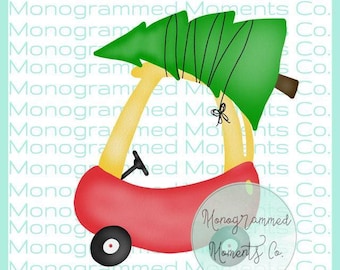May include: A red toy car with a yellow steering wheel and a green Christmas tree tied to the top. The car is on a white background with the text "Monogrammed Moments Co." repeated in a light blue color.