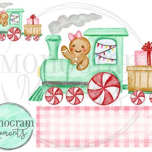 May include: Watercolor illustration of a whimsical Christmas train. The mint green engine features a gingerbread person, candy wheels, and a carriage with gifts. The image includes the text "Monogram Moments 2025".