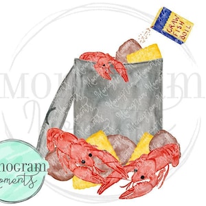 May include: A watercolour illustration of a grey pot filled with red crawfish, potatoes, and corn. A blue and yellow box of "Crawfish Boil" seasoning is pouring spices. The image has the text "Monogram Moments" in a teal circle.