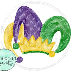 May include: A purple, green, and yellow jester hat with a watercolor design. The hat has a pointed top and two long, flowing tails.