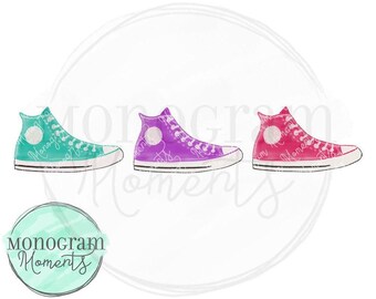 May include: Three pairs of high-top sneakers in different colors: teal, purple, and pink. Each sneaker has a white star on the side and a white sole.