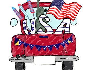 Watercolor 4th of July PNG -  Watercolor Truck Clipart for Digital Download, Sublimation, and Printables