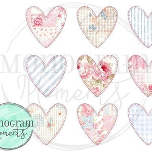 May include: Set of ten heart-shaped digital scrapbook paper designs. The designs feature a patchwork style with floral, gingham, and striped patterns in pink, blue, and white.