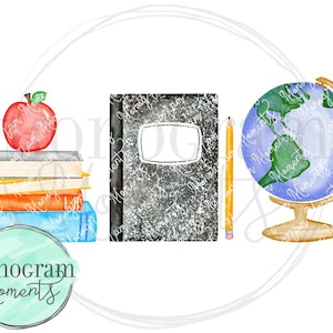 May include: Watercolor illustration featuring school supplies. A stack of books topped with a red apple, a black composition notebook, a yellow pencil, and a globe. The image has a light, airy feel, perfect for educational themes.