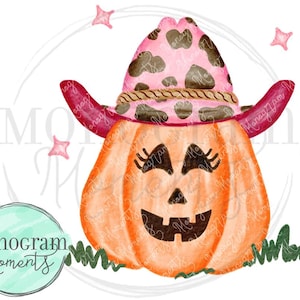May include: Watercolor illustration of a smiling pumpkin wearing a pink cow print cowboy hat. The pumpkin has a carved jack-o'-lantern face with eyelashes. Pink stars and green grass accents the design. The text "Monogram Moments" is in a teal circle.