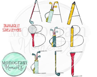 Digital Alpha -  Golf Set Alphabet Clipart for Digital Download, Sublimation, and Printables