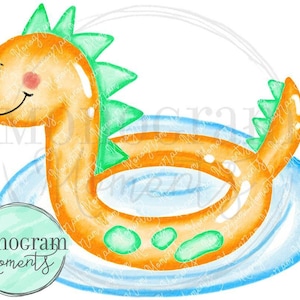 Può includere: Un galleggiante per piscina gonfiabile a forma di dinosauro arancione e verde su uno sfondo di acqua blu e bianca.