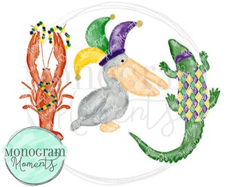Watercolor Mardi Gras PNG/Mardi Gras Gator/Mardi Gras Pelican/Mardi Gras Crawfish/Mardi Gras cajun PNG/Kids Mardi Gras PNG/Mardi Gras Design