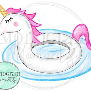 May include: A white unicorn inflatable pool float with a pink tail and mane. The float is in a blue pool with white waves.