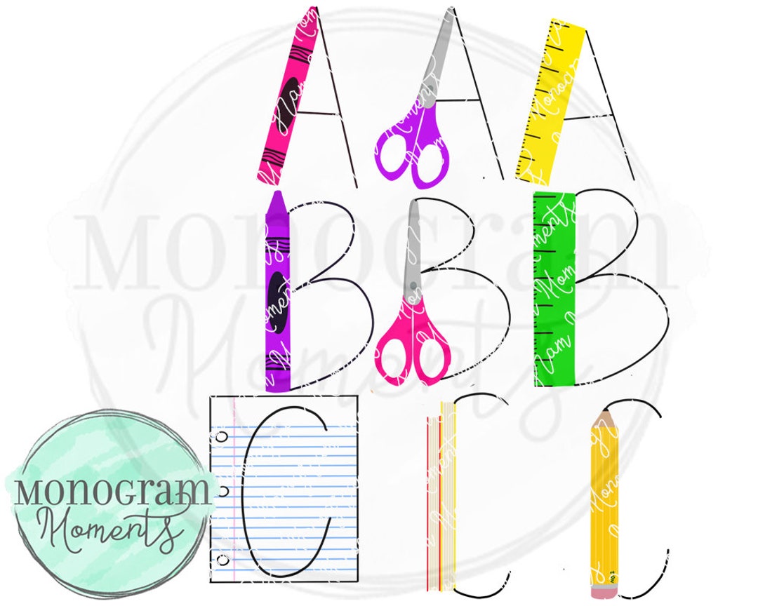 Digital Alpha School Supplies Alphabet Clipart for Digital Download