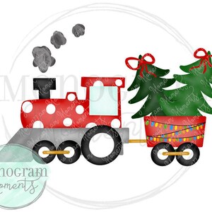 May include: A red and white polka dot train pulls a red wagon with two green Christmas trees in pots. The wagon is decorated with white lights.