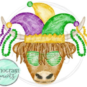 Aquarel Mardi Gras PNG - Boy's Mardi Gras Highland Cow clipart voor digitale download, sublimatie en printables