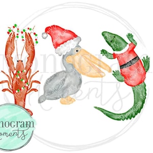 Aquarell Tiere PNG - Südliche Tiere Weihnachten Cajun Trio, Sublimation und Printables- Gator, Pelikan, Langusten digitaler Download