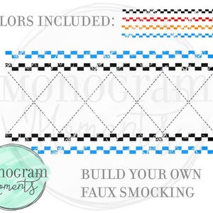 May include: A digital download of a faux smocking design. The design includes a variety of colors, including black, white, blue, red, orange, and yellow. The design is perfect for creating custom clothing or accessories.