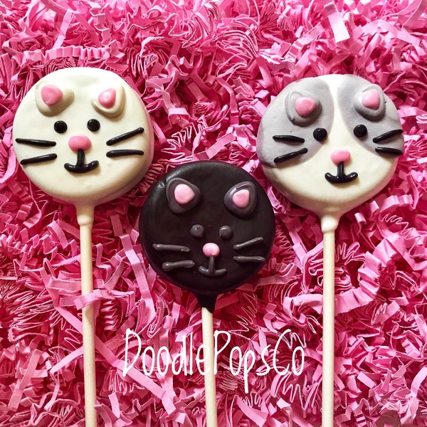 Cat Oreo cookie pops / cat birthday party favor / chocolate covered Oreo / one dozen (12)