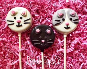 Cat Oreo cookie pops / cat birthday party favor / chocolate covered Oreo / one dozen (12)