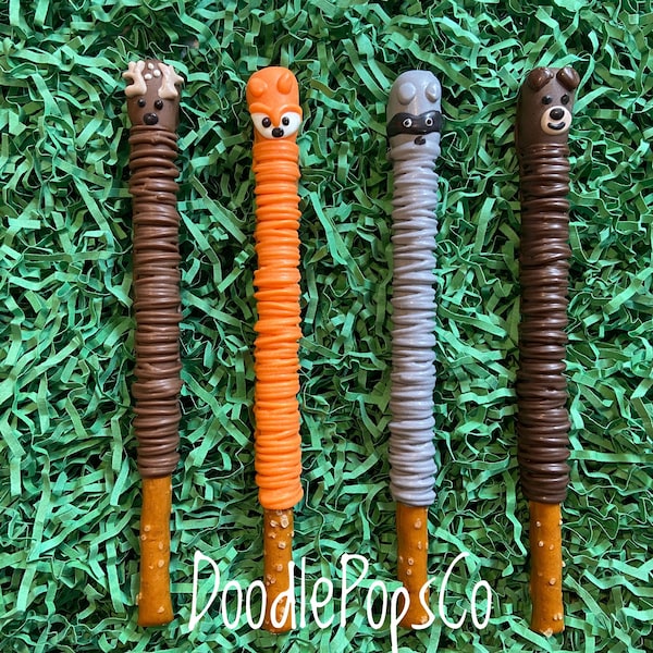 Woodland animals pretzel rods / forest animal party / baby shower favor / chocolate covered pretzel rods / one dozen (12)