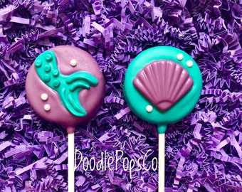 Mermaid Oreo cookie pops / Sea shell Oreo cookie pops / birthday party favor / mermaid party / chocolate covered Oreo / one dozen (12)