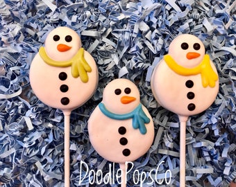 Snowman Oreo cookie pop / Winter party food / chocolate covered Oreo / one dozen (12)