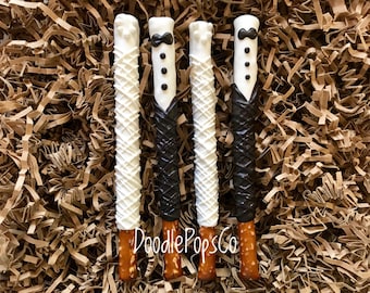 Wedding Pretzel rods / bride & groom wedding favors / chocolate covered pretzel / one dozen (12)