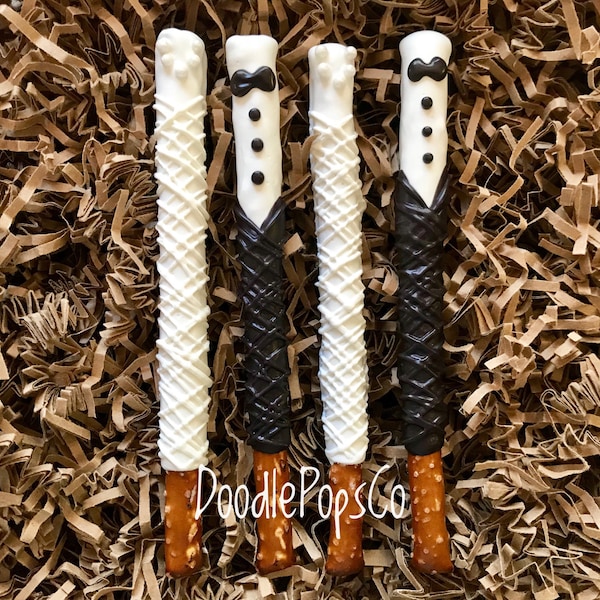 Wedding Pretzel rods / bride & groom wedding favors / chocolate covered pretzel / one dozen (12)