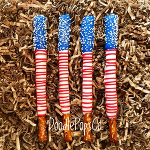 Patriotic pretzel rods / Fourth of July party favor / chocolate covered pretzel / Independence day / Memorial Day / one dozen (12)