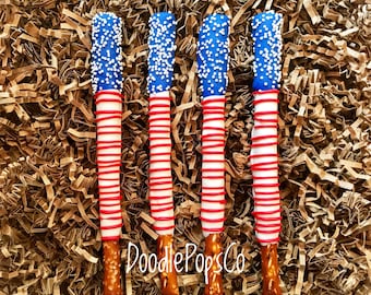 Patriotic pretzel rods / Fourth of July party favor / chocolate covered pretzel / Independence day / Memorial Day / one dozen (12)