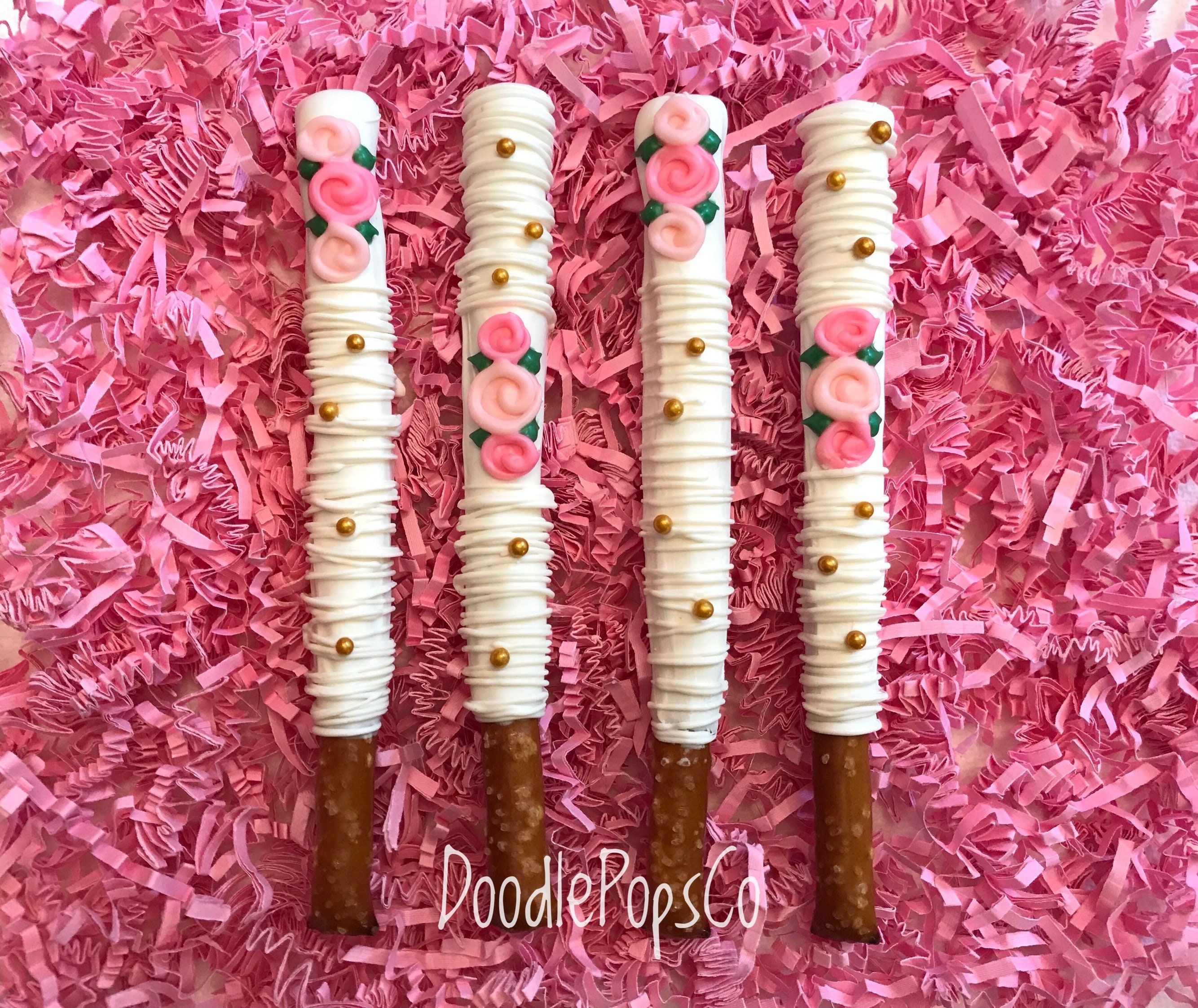 Floral pretzel rods / baby girl shower favor / chocolate covered pretzel / one dozen (12)